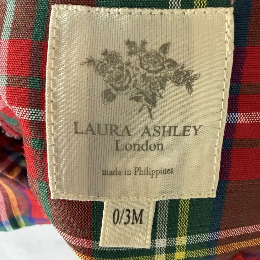 Laura Ashley Infant Holiday Dress 0-3 Months Red & Green Plaid Front Smocking